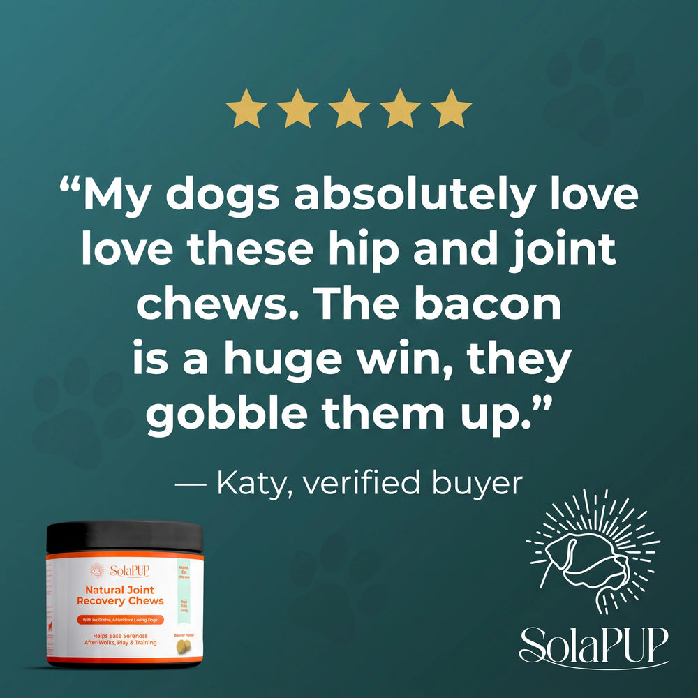 Five star verified buyer review from Katy for SolaPup Hip & Joint Chews