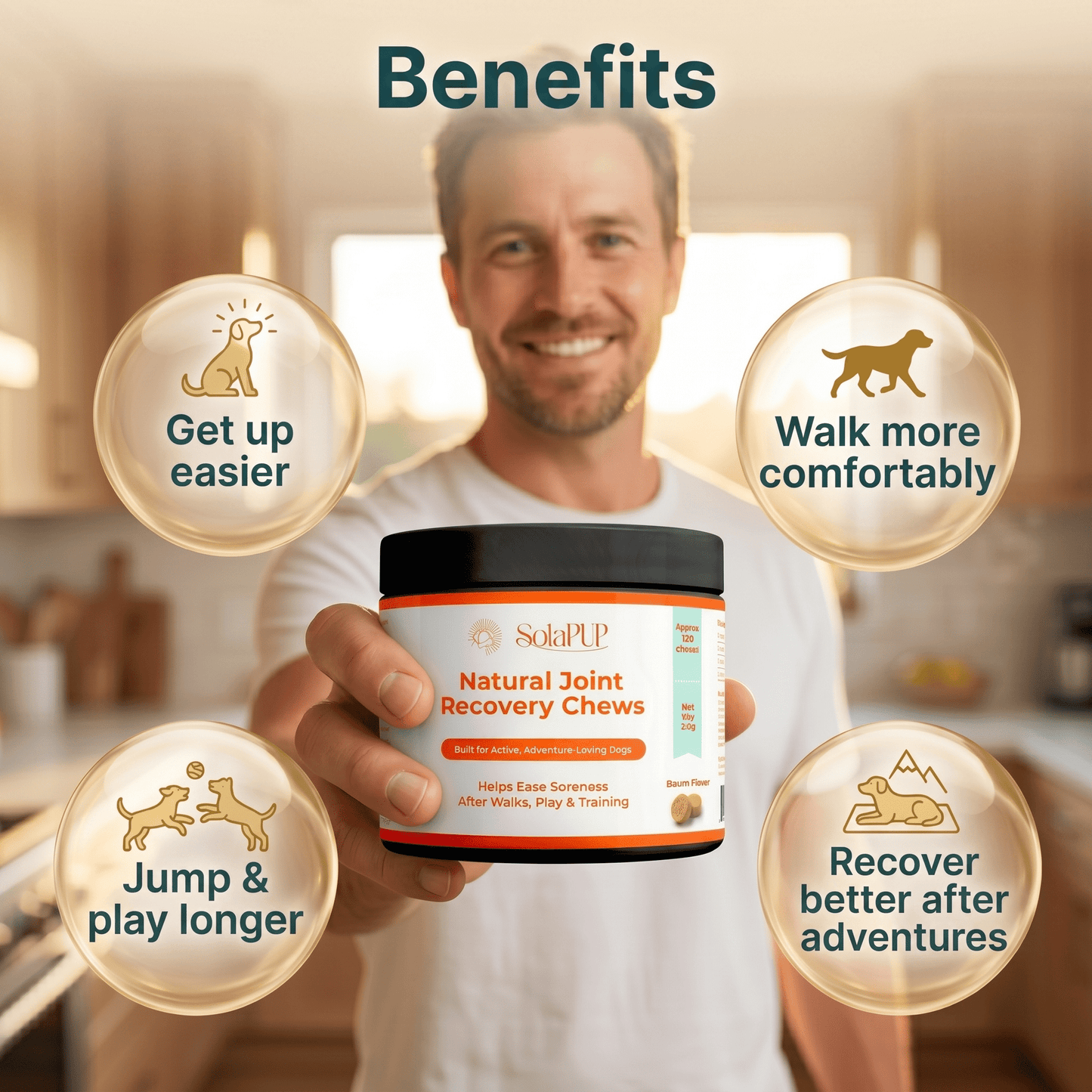 Hip and joint soft chews for active dogs, SolaPup dog hip and joint supplement benefits for mobility and recovery