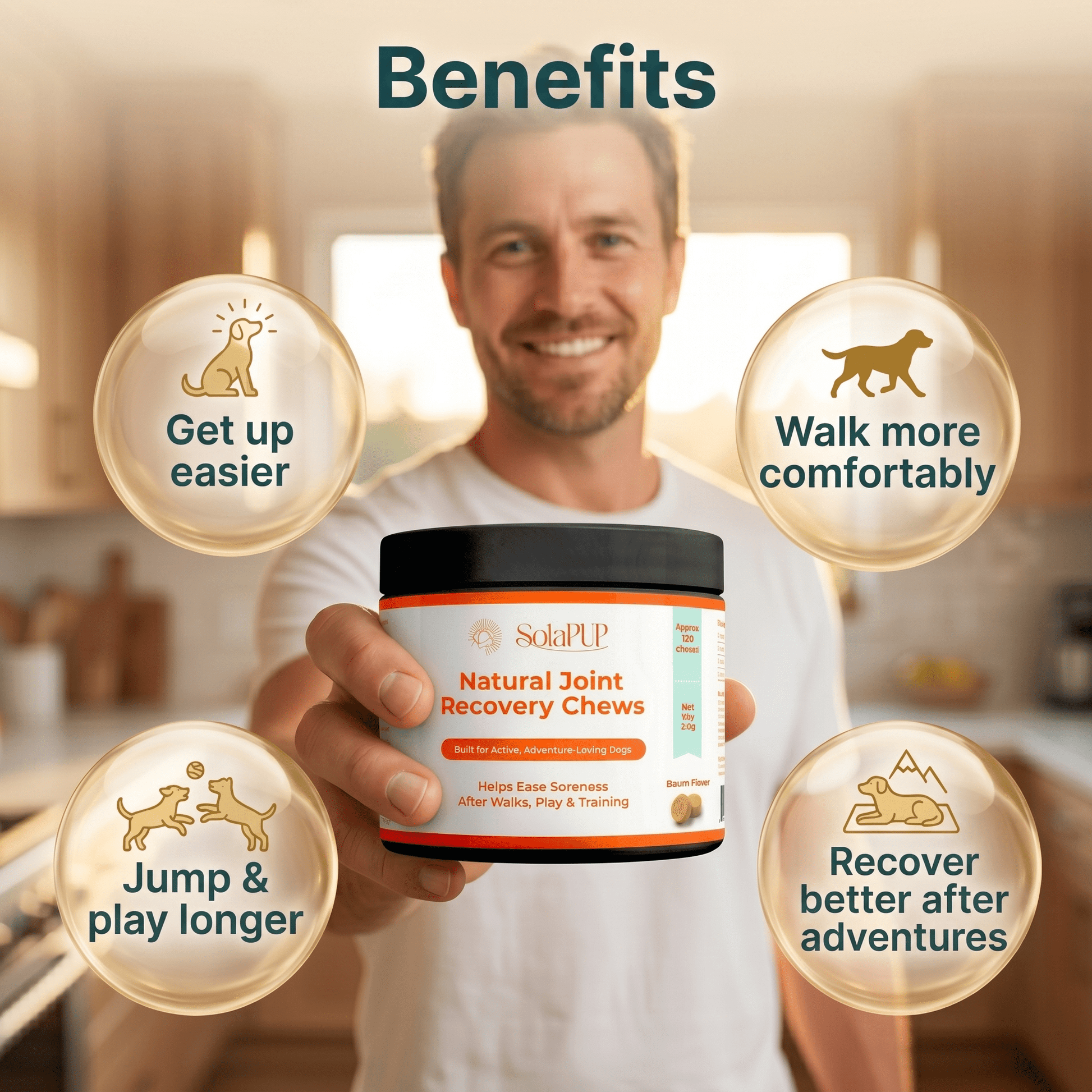 Hip and joint soft chews for active dogs, SolaPup dog hip and joint supplement benefits for mobility and recovery