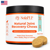 SolaPup Hip & Joint Chews jar next to a US flag, bacon flavoured soft chew joint supplement for dogs, made in the USA