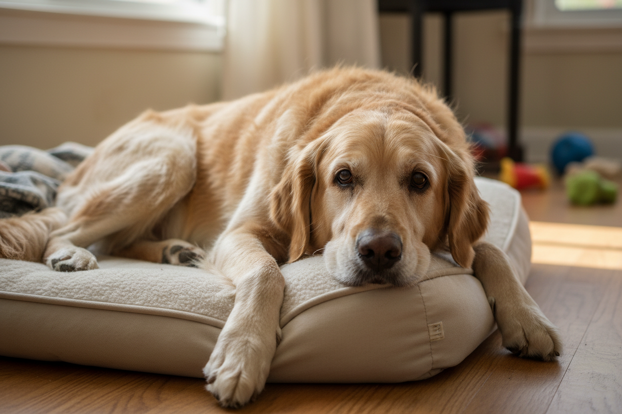 a picture of an old lazy stiff unhappy dog, that struggles with movement due to joint pain