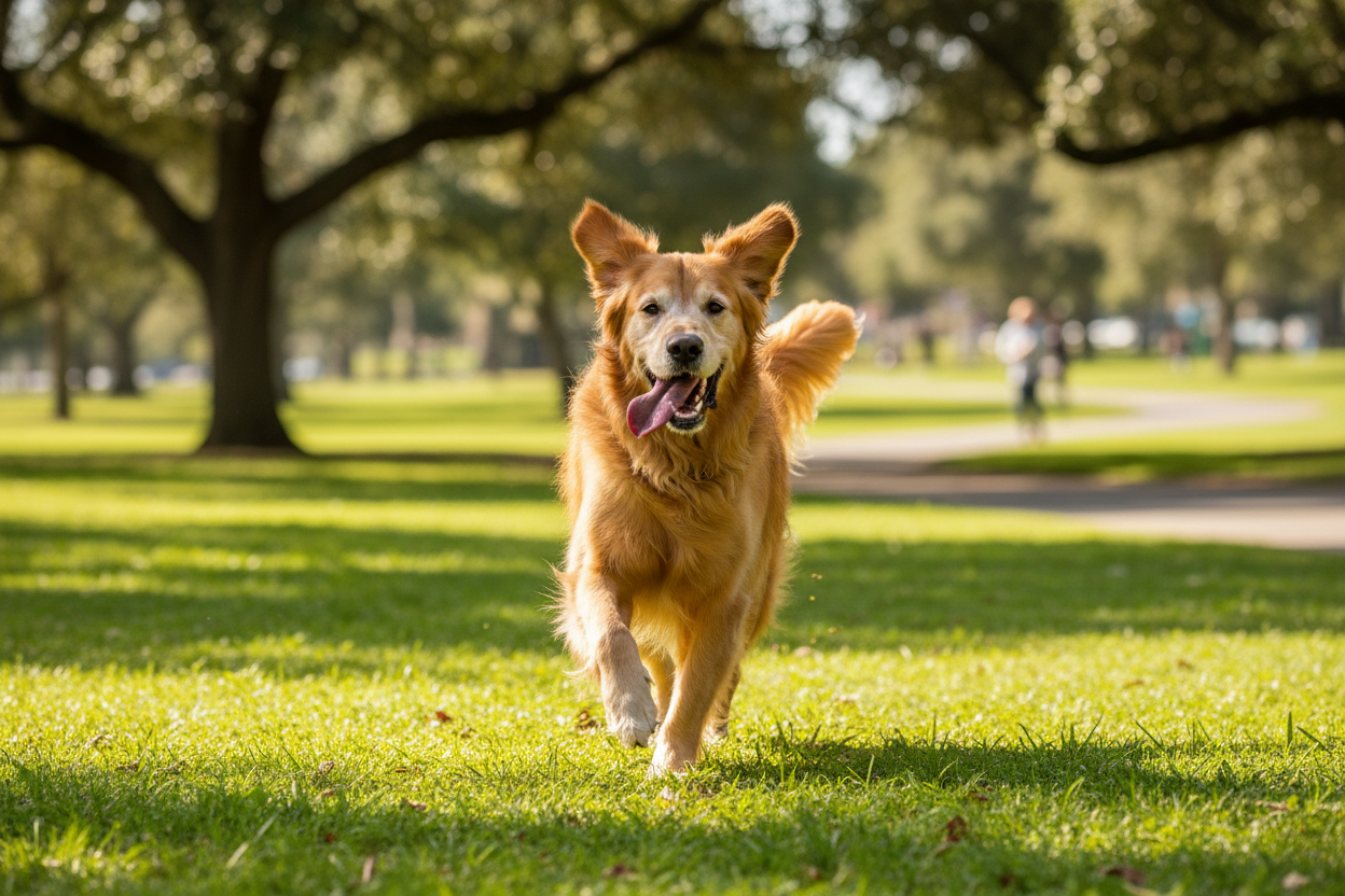 an old golden retriever happy to run around after taking our joint supplement