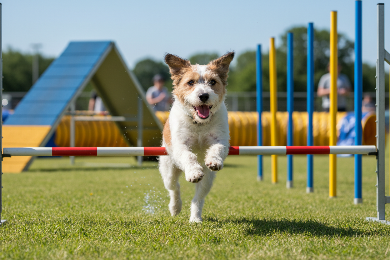 I would like a happy small dog running around an agility course